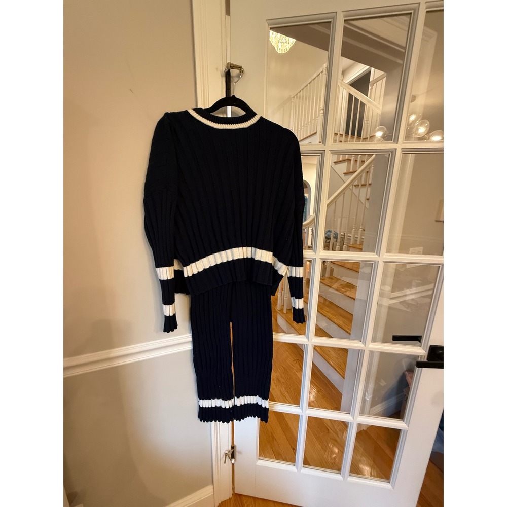 Sincerely Jules Navy Blue White Ribbed Knit Sweater and Pants 2 Piece Set Small